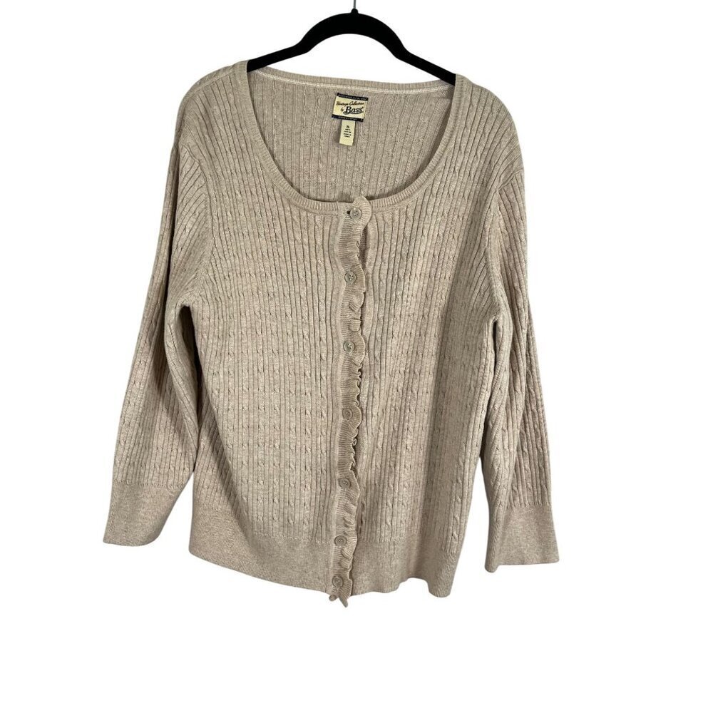 Bass Sweater Women XL Tan Button Crew Cable Knit Cardigan Ruffle Neutral Western